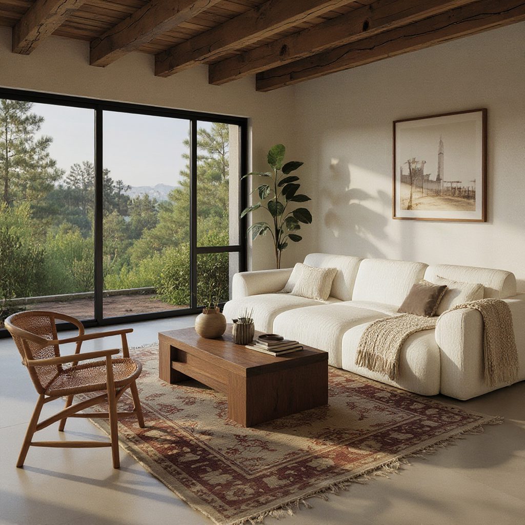 Cream upholstered sofa in a sunlit living room with a wood coffee table and vintage rug.