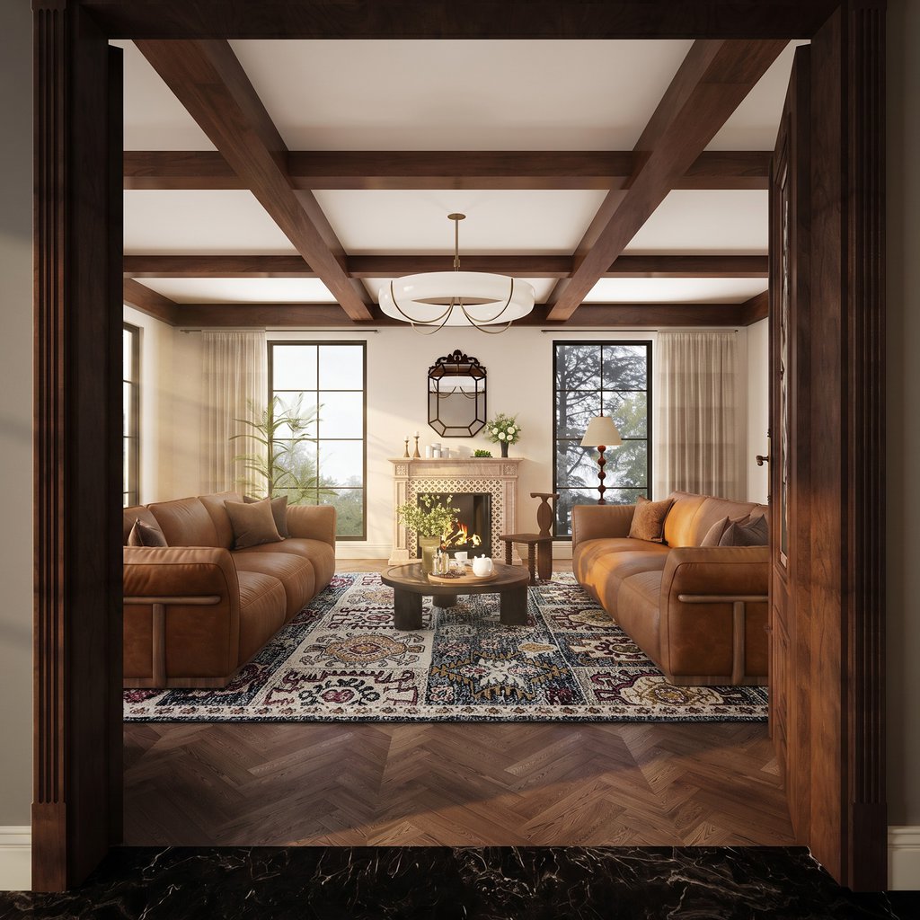 Modern Victorian living room with brown leather sofas, dark wood beams, patterned rug, fireplace, and modern lighting.