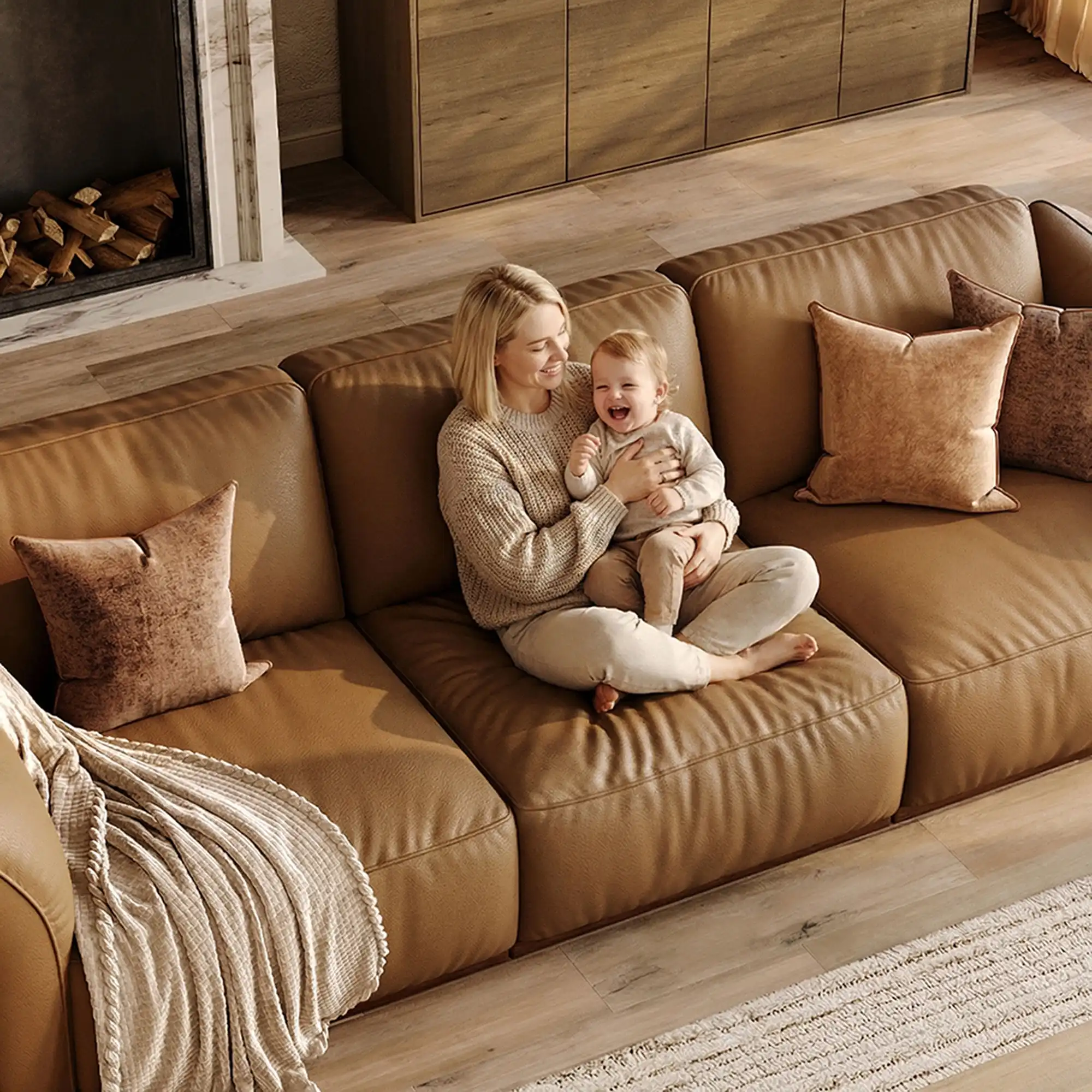 Roomy leather sofa with deep seating for cross-legged and relaxed family lounging