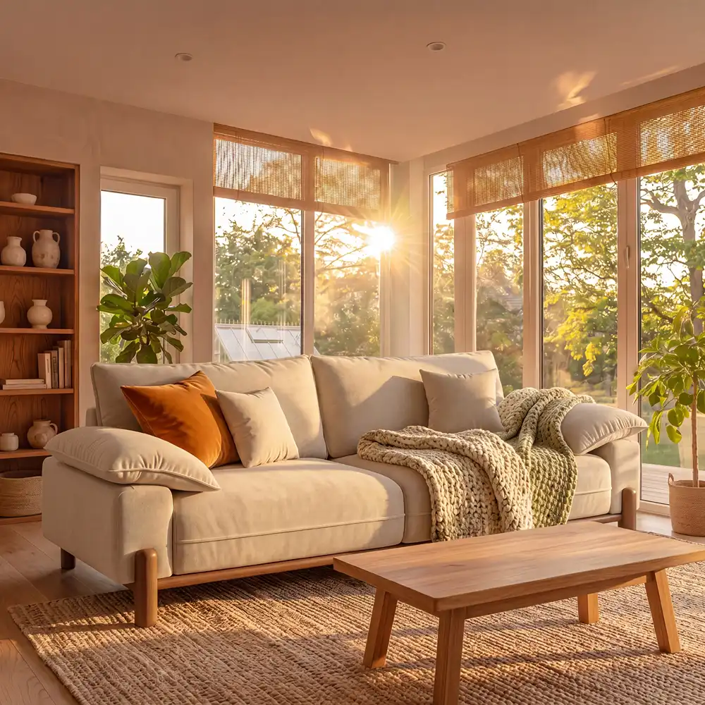 Beige sofa with throw pillows and a knit blanket in a sunlit living room