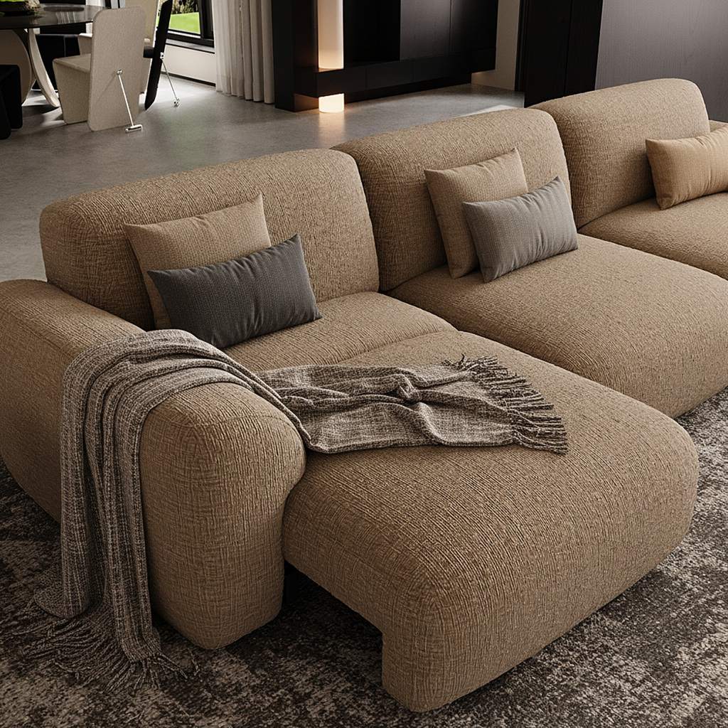 Brown upholstered power sofa bed extended into a deep lounge position in a modern living room.