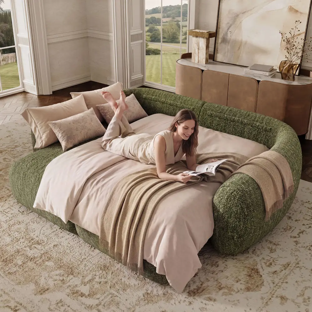Power sofa bed converted into a comfortable sleeping surface in a modern living room.