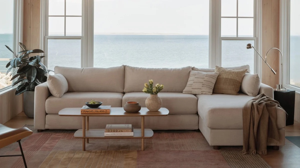 Beige sectional sofa with chaise in a bright coastal living room with large windows.