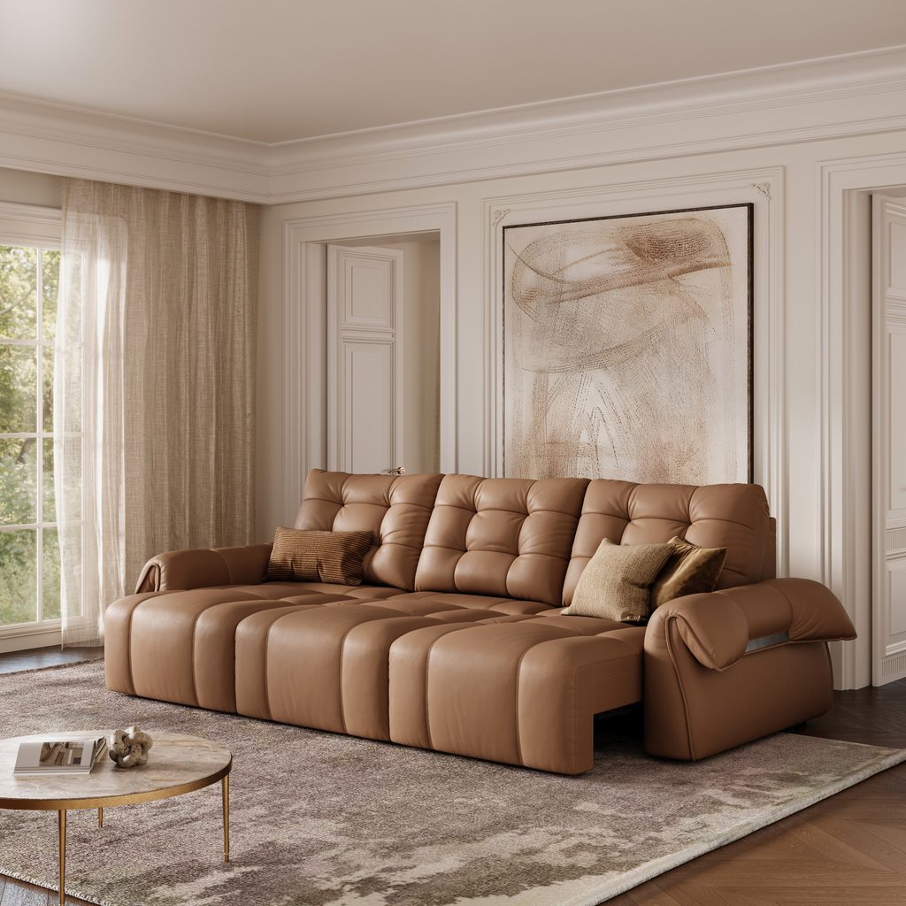 Brown leather modular sectional sofa bed with deep tufted cushions and curved arms in an elegant modern living room with neutral decor, rug, and natural light.