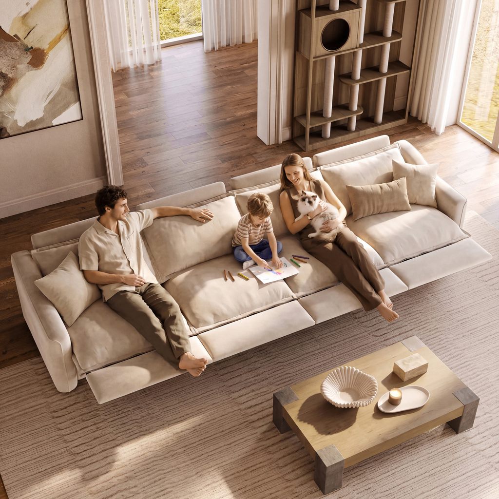 Oversized beige reclining sofa with deep seats for family lounging in a bright living room.