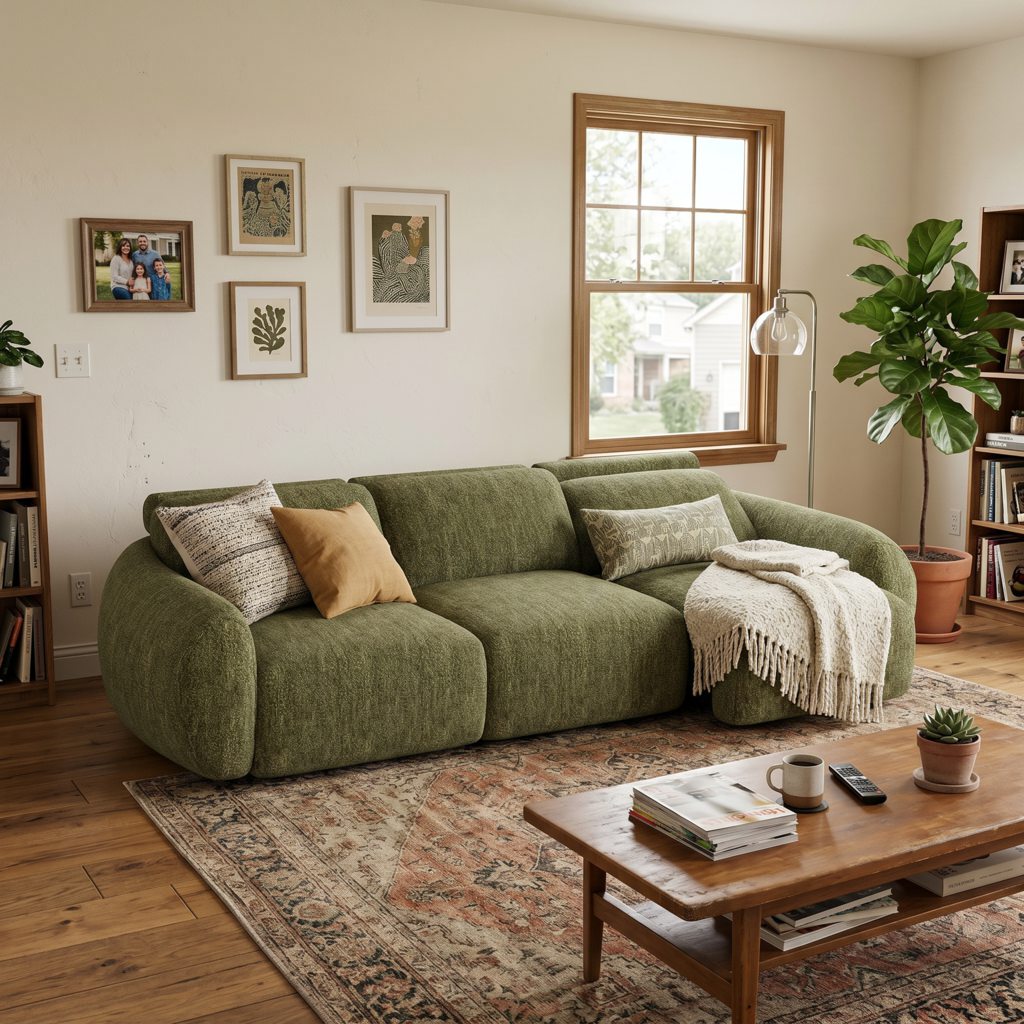 Olive green modular sofa bed with plush cushions and throw pillows in a bright modern living room with wood flooring, coffee table, plants, and natural window light.