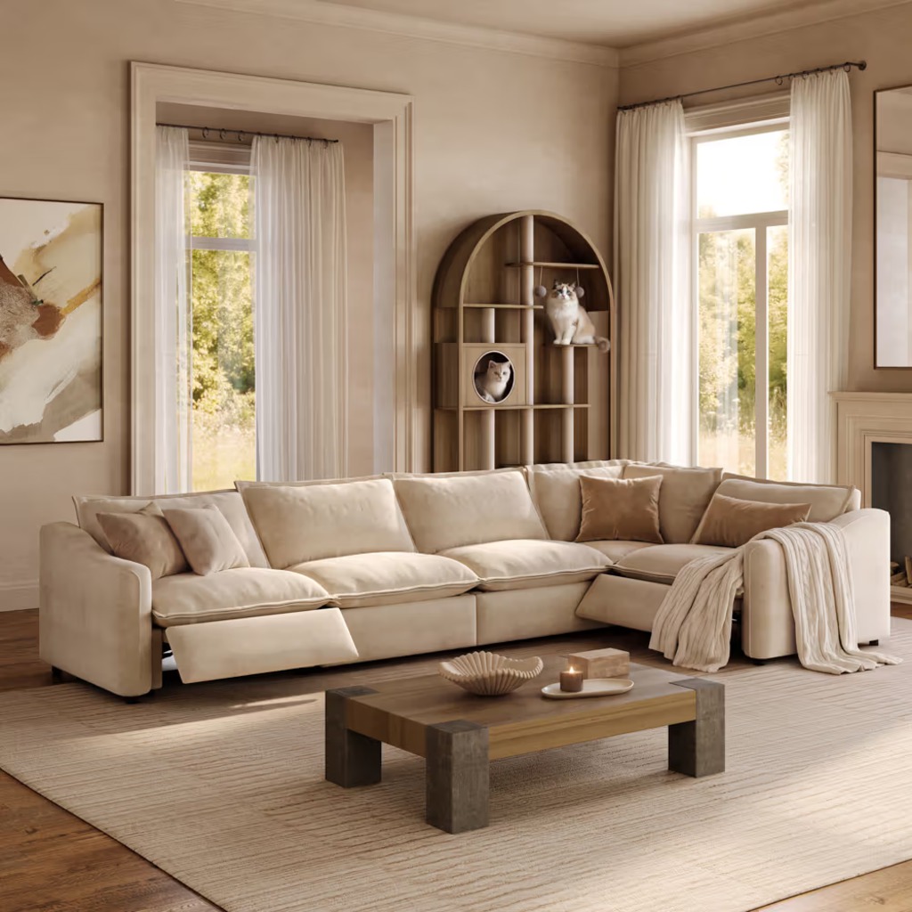 Oversized beige sectional sofa with reclining seats and deep cushions in a warm modern living room.