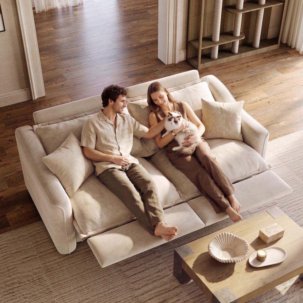 Couple relaxing with a cat on a beige reclining sofa in a warm modern living room