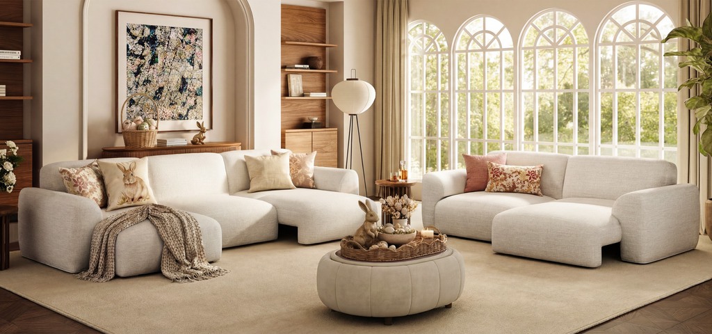 White modular sectional sofa beds with chaise seating arranged in a bright elegant living room with arched windows, wooden shelving, coffee table, and neutral decor.