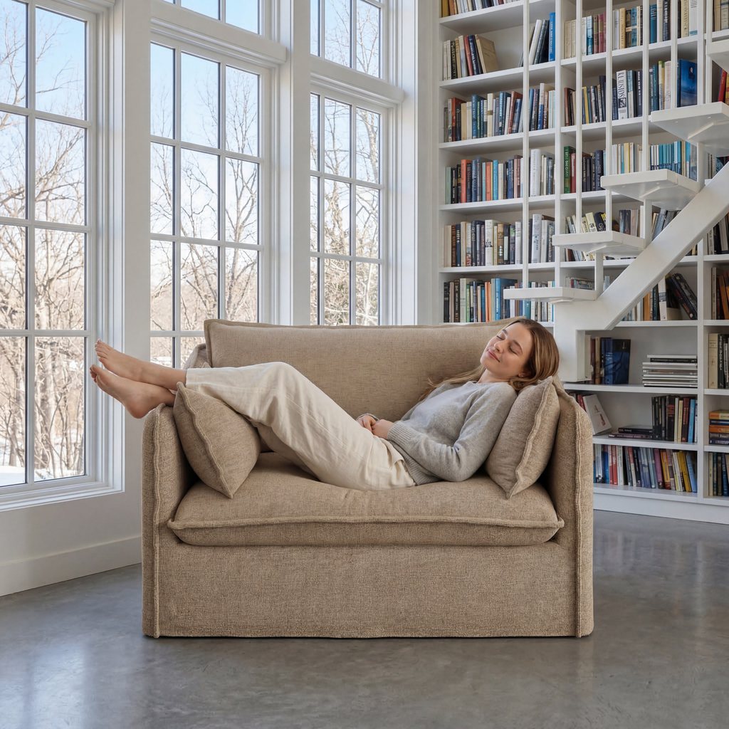 Woman resting on a beige loveseat beside large windows and built-in bookshelves in a bright living room.