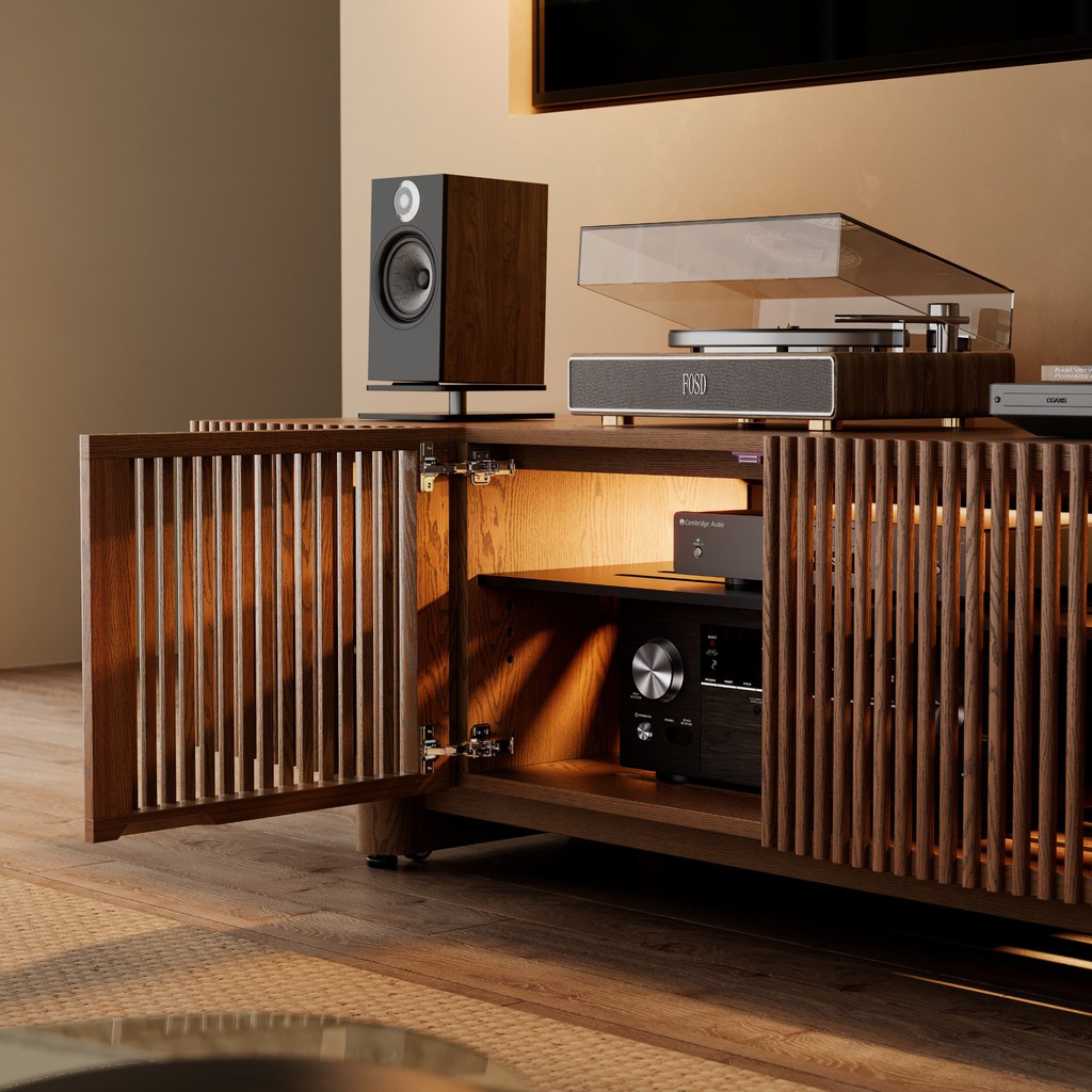 Open slatted wood media console with AV receiver, speakers, and turntable in a modern living room.