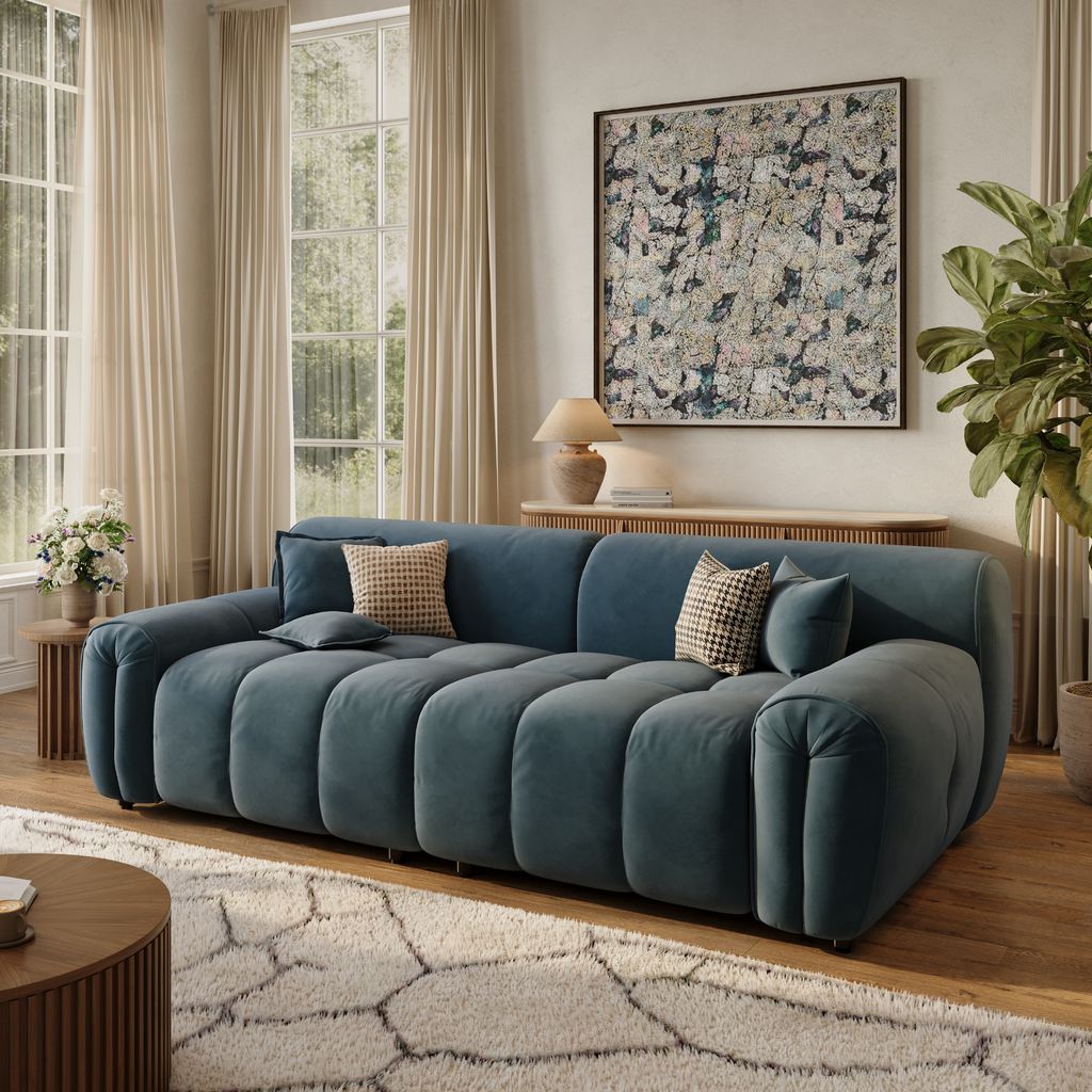 Deep blue sofa in a bright living room with warm wood floors, neutral curtains, and a light area rug