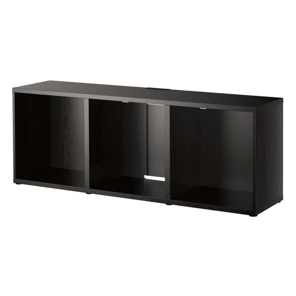 Black open TV unit with multiple storage compartments and rear cable openings.