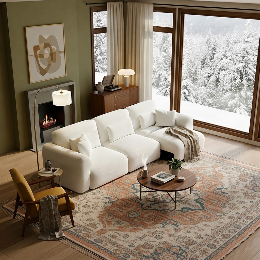 White power sofa bed in a cozy living room with a fireplace, large snowy windows, and a coffee table.