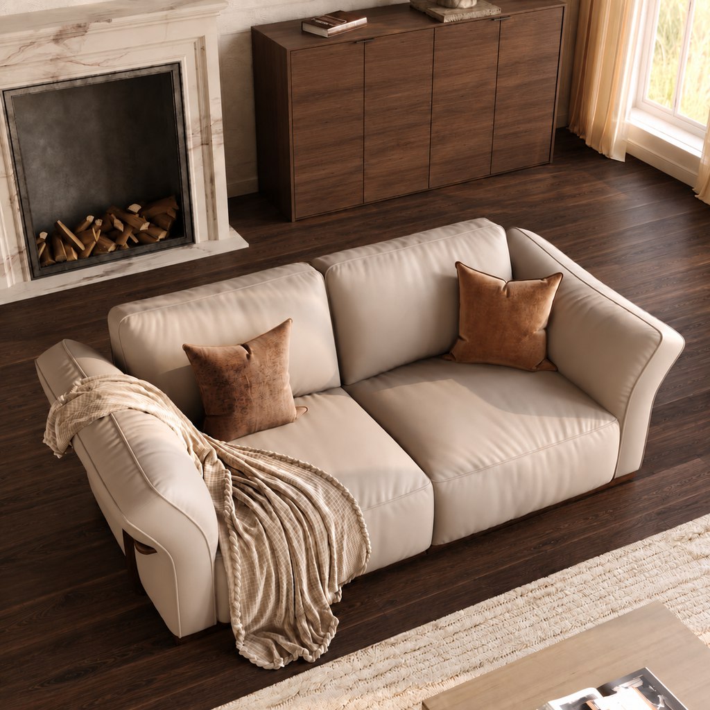 Cream sofa with brown pillows in a modern living room with dark walnut floors and a matching wood cabinet
