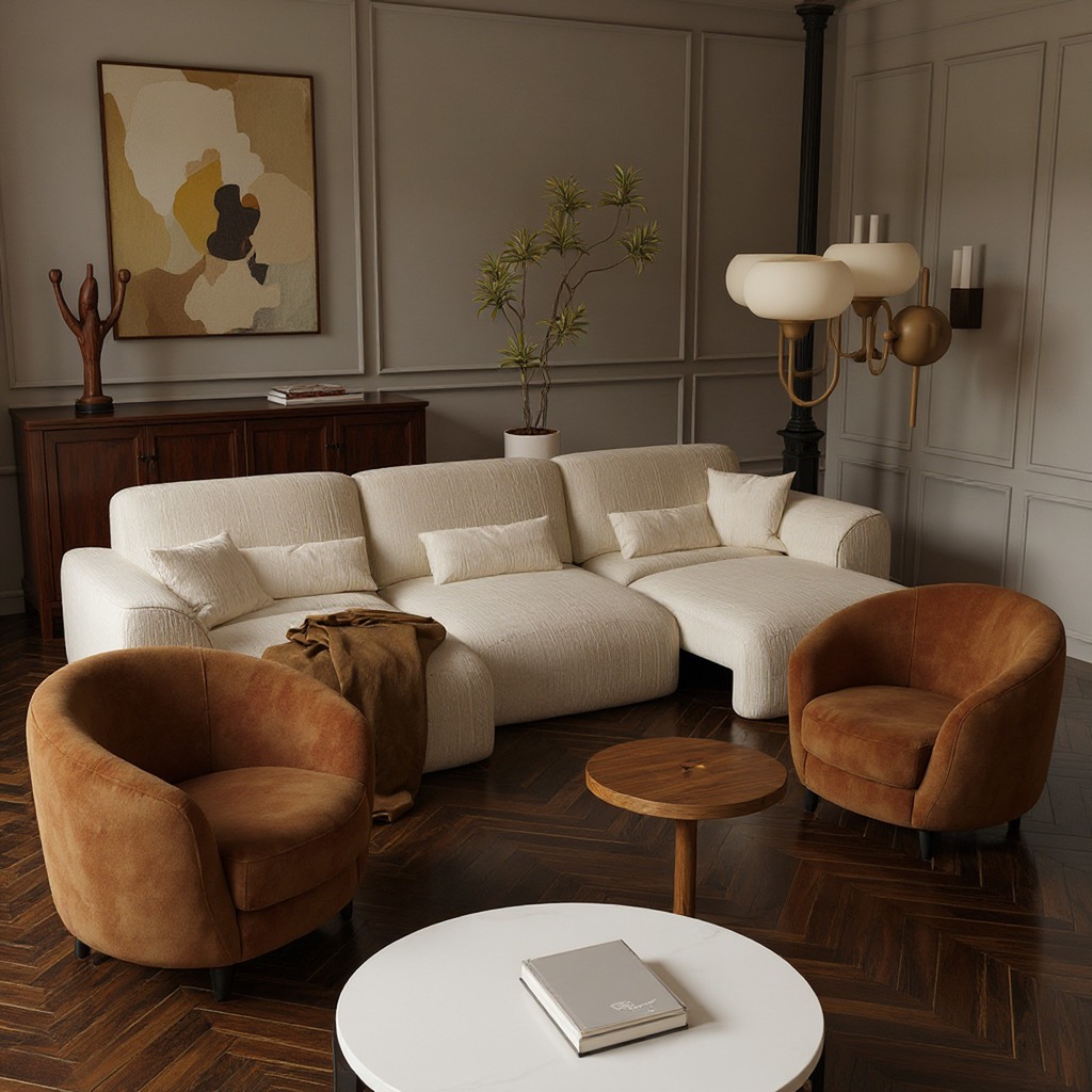 Cream sectional sofa and caramel accent chairs in a living room with dark herringbone wood floors