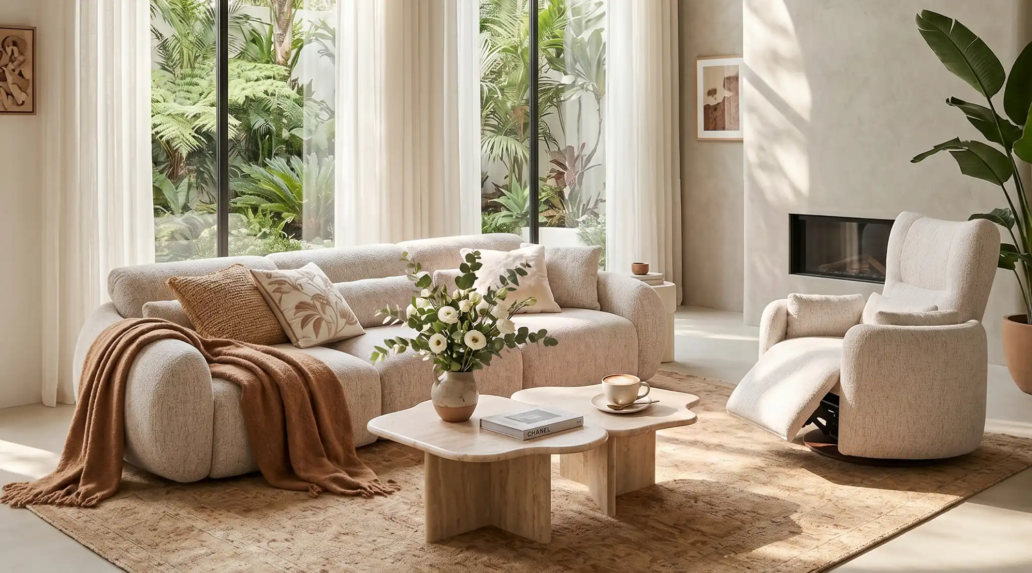 Cream sofa bed with rounded arms in a bright modern living room.