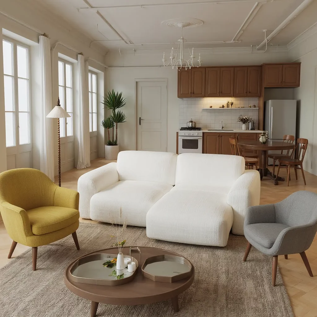 White power sofa bed in an open-plan studio apartment with dining area.