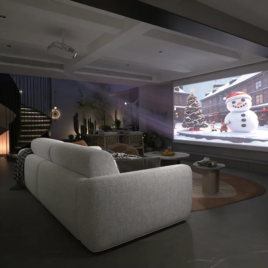 White sofa bed facing a large home theater screen in a modern living room