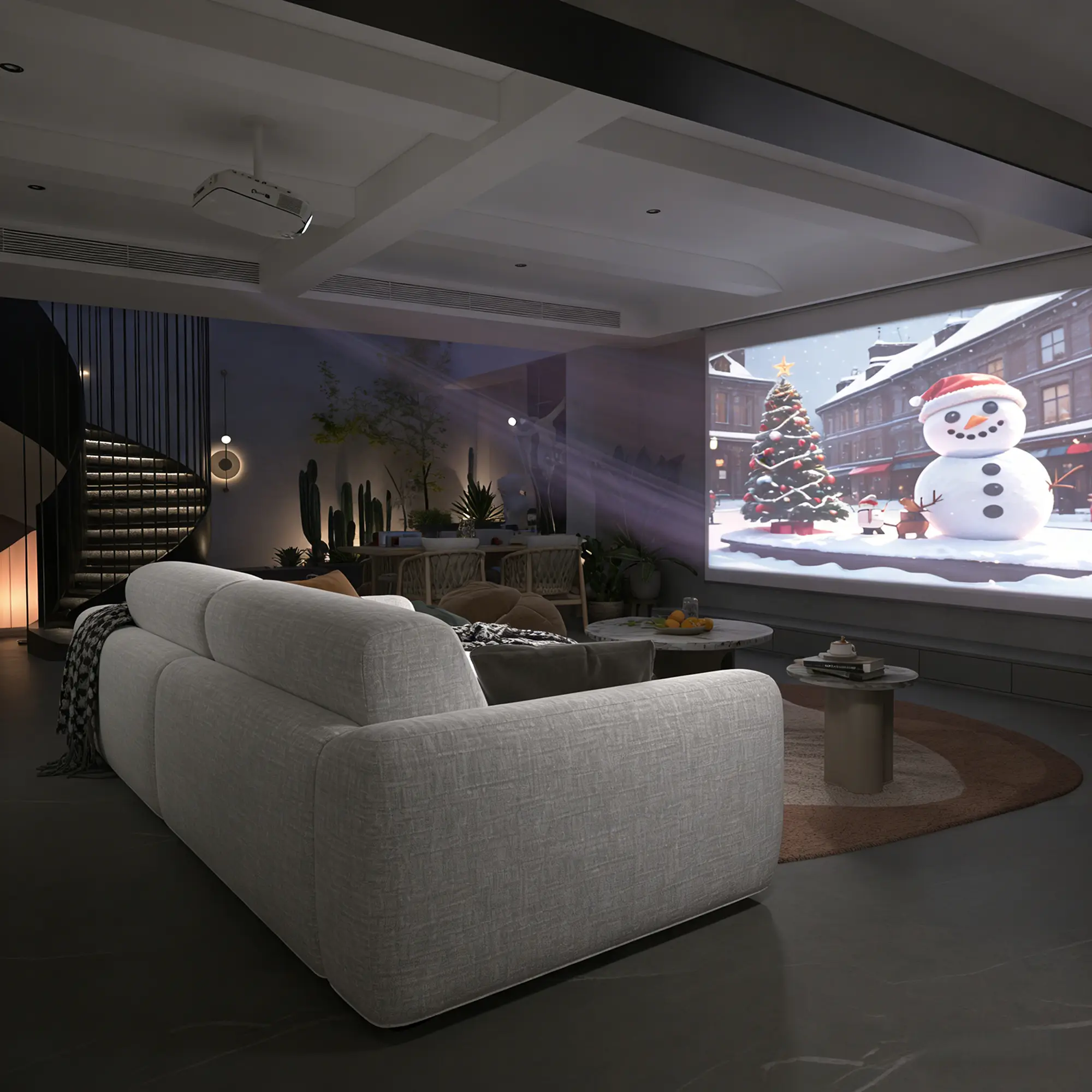White sofa bed facing a large home theater screen in a modern living room