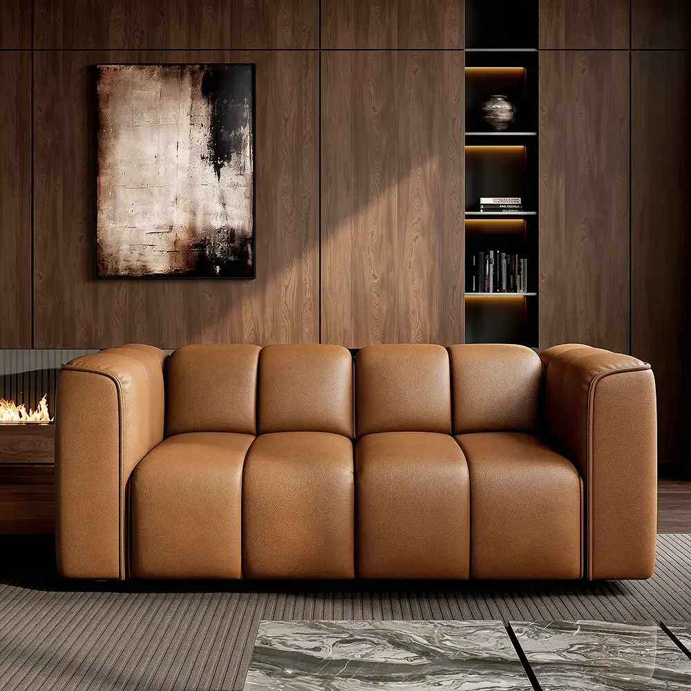 Brown leather sofa with deep cushioned seating in a modern living room