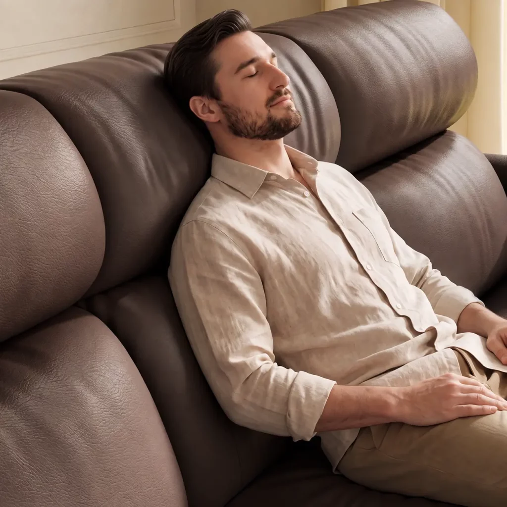 Man relaxing on a brown leather reclining sofa with deep high-back support