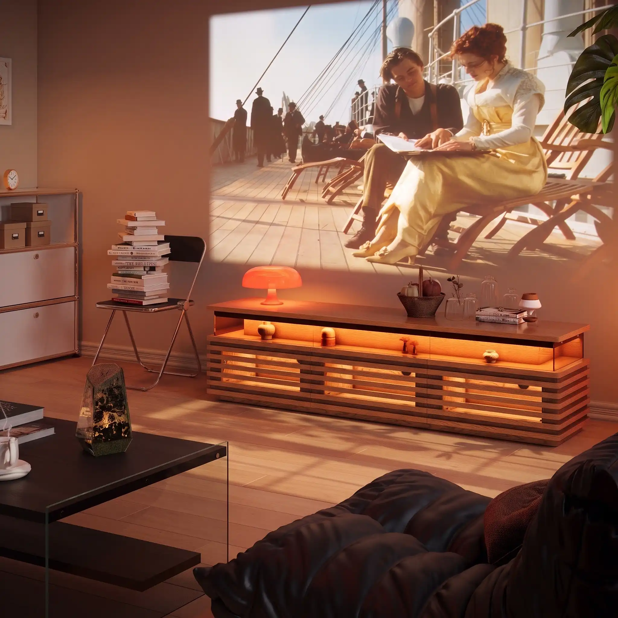 Wood media console beneath a projected movie screen in a warm living room with ambient lighting and books.