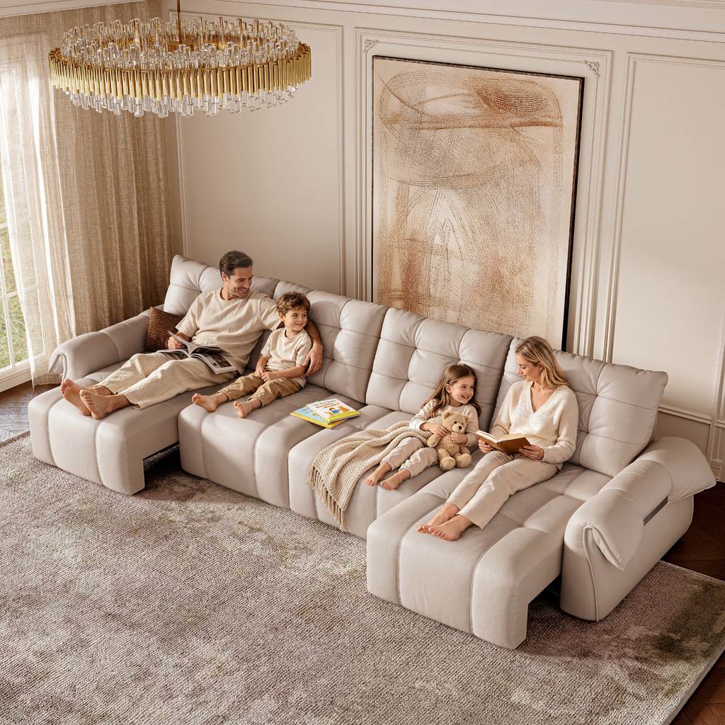 Family relaxing together on a large beige reclining sectional sofa bed in a bright living room.