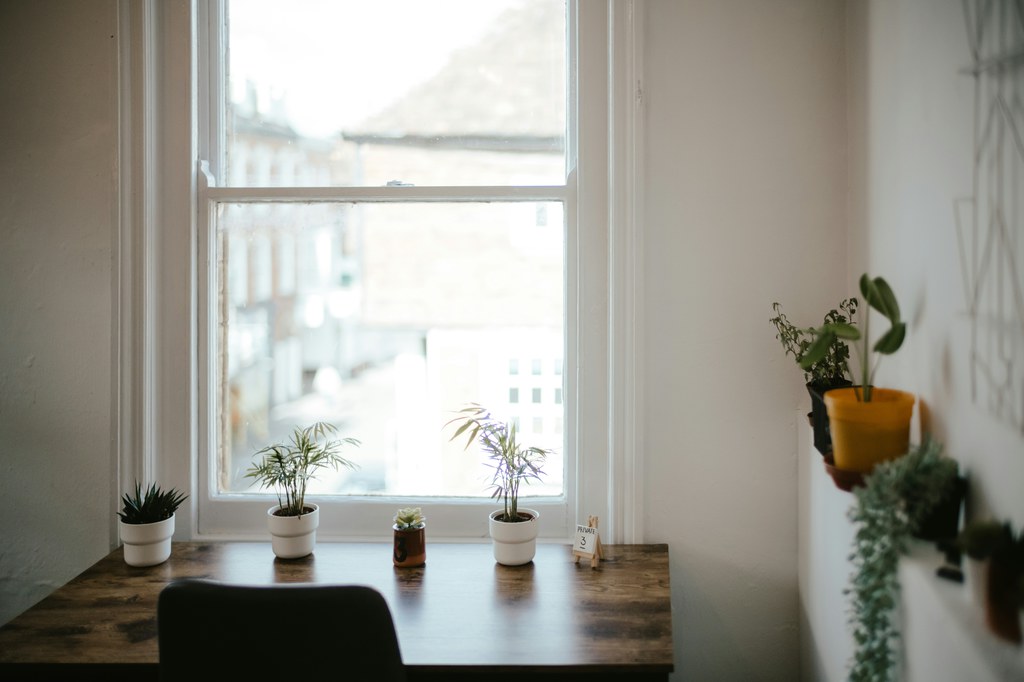 Living room office with a wooden desk, black chair, and small potted plants beside a bright window.