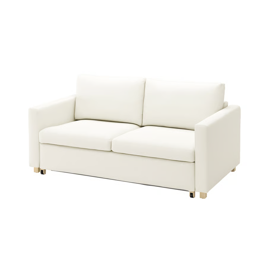 White two-seat sofa with clean square arms, padded back cushions, and a simple modern silhouette on a white background.