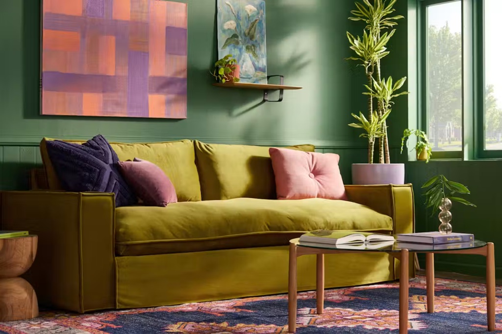 Mustard yellow sofa with colorful throw pillows in a green living room with plants, artwork, and a glass coffee table.