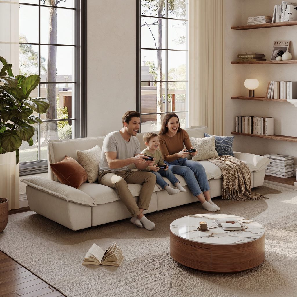 Family sitting together on a cream sofa while playing video games in a bright modern living room.
