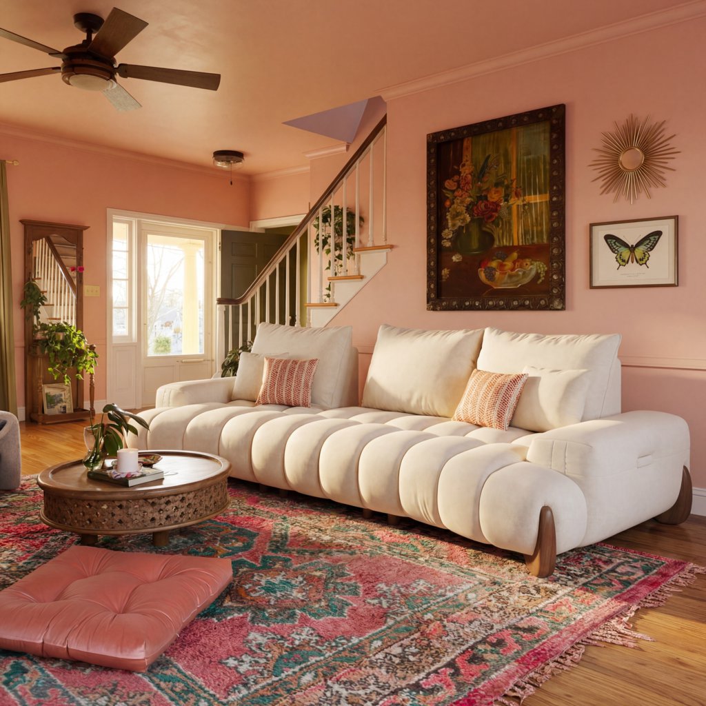 Modern Victorian living room with a cream sofa, pink walls, patterned rug, carved wood coffee table, and vintage artwork.