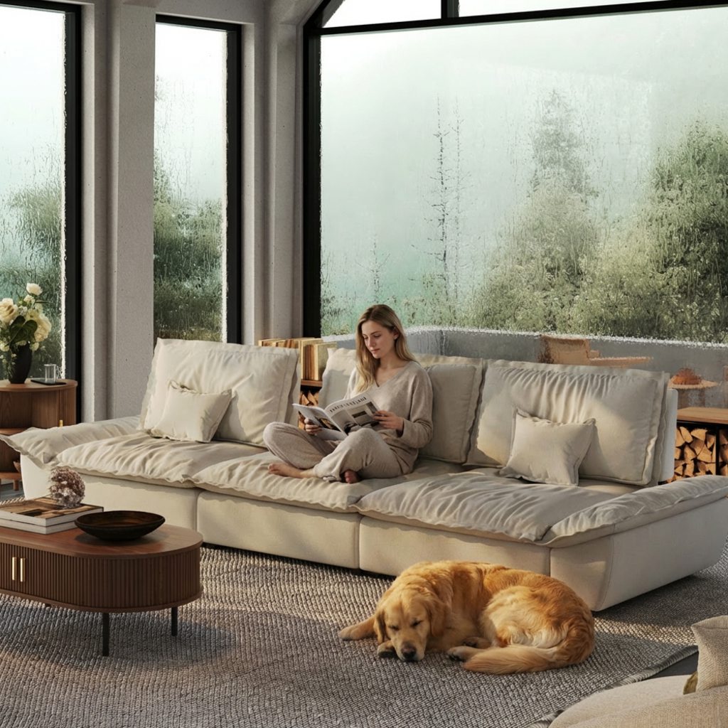 Woman reading on a low-arm cream sofa beside a resting golden retriever in a bright modern living room.