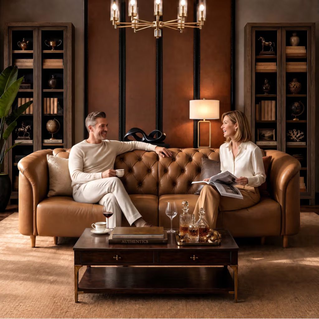 High-arm brown leather sofa with tufted back in a warm traditional living room with two people seated.