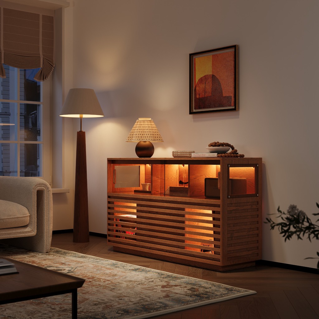 Modern Victorian living room with a warm wood storage cabinet, slatted doors, soft lighting, patterned rug, and modern decor.
