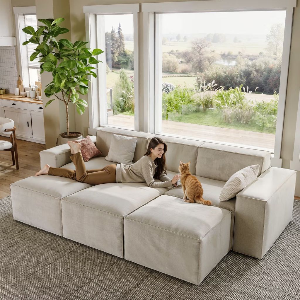 Light beige modular sectional sofa with ottomans, a woman relaxing beside an orange cat, and large windows overlooking a garden.