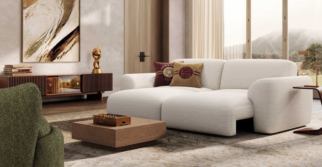 White modular sectional sofa bed in a modern living room with a wood media console and coffee table