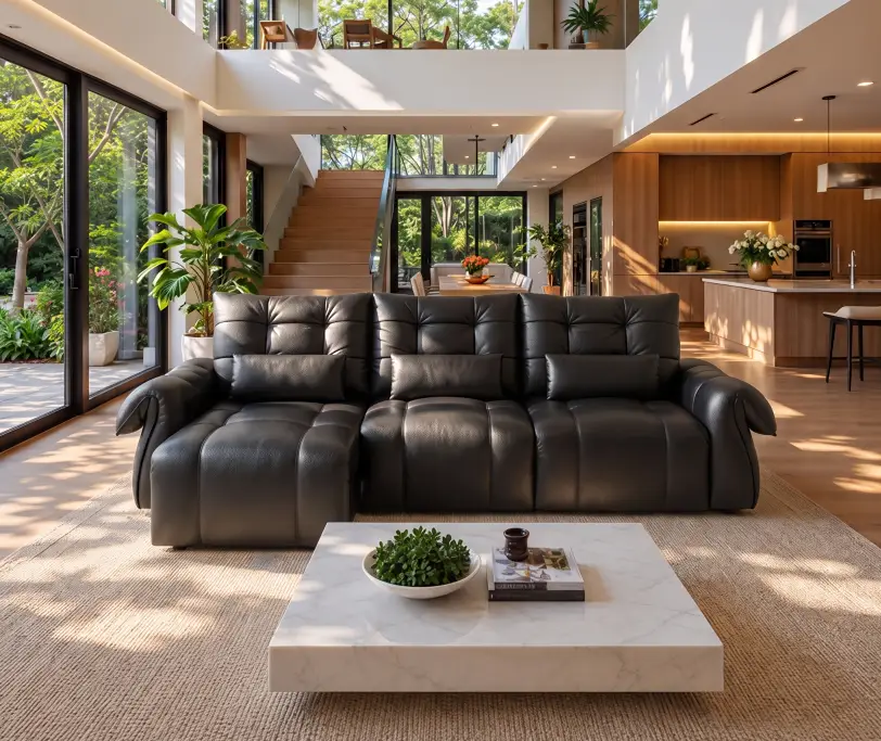 Black leather power sofa bed in a bright modern living room with floor-to-ceiling windows and an open kitchen.