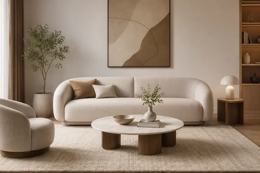 Modern living room with a softly curved cream sofa, round coffee table, and warm neutral decor.