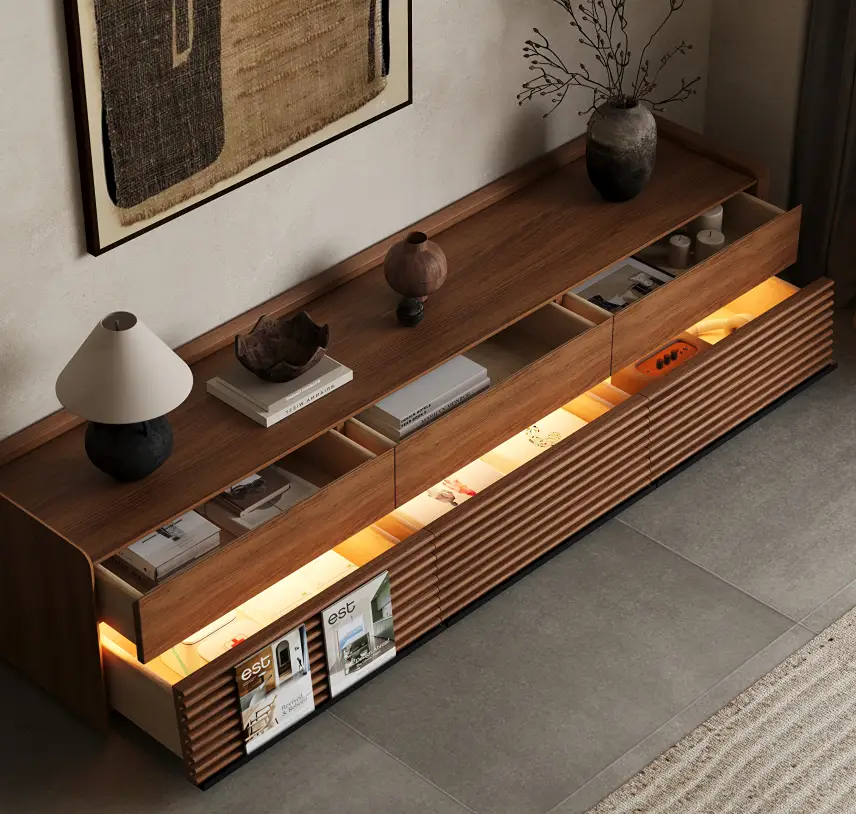 Sturdy wood TV stand with a wide low-profile frame, deep storage drawers, slatted cabinet fronts, and integrated lighting.