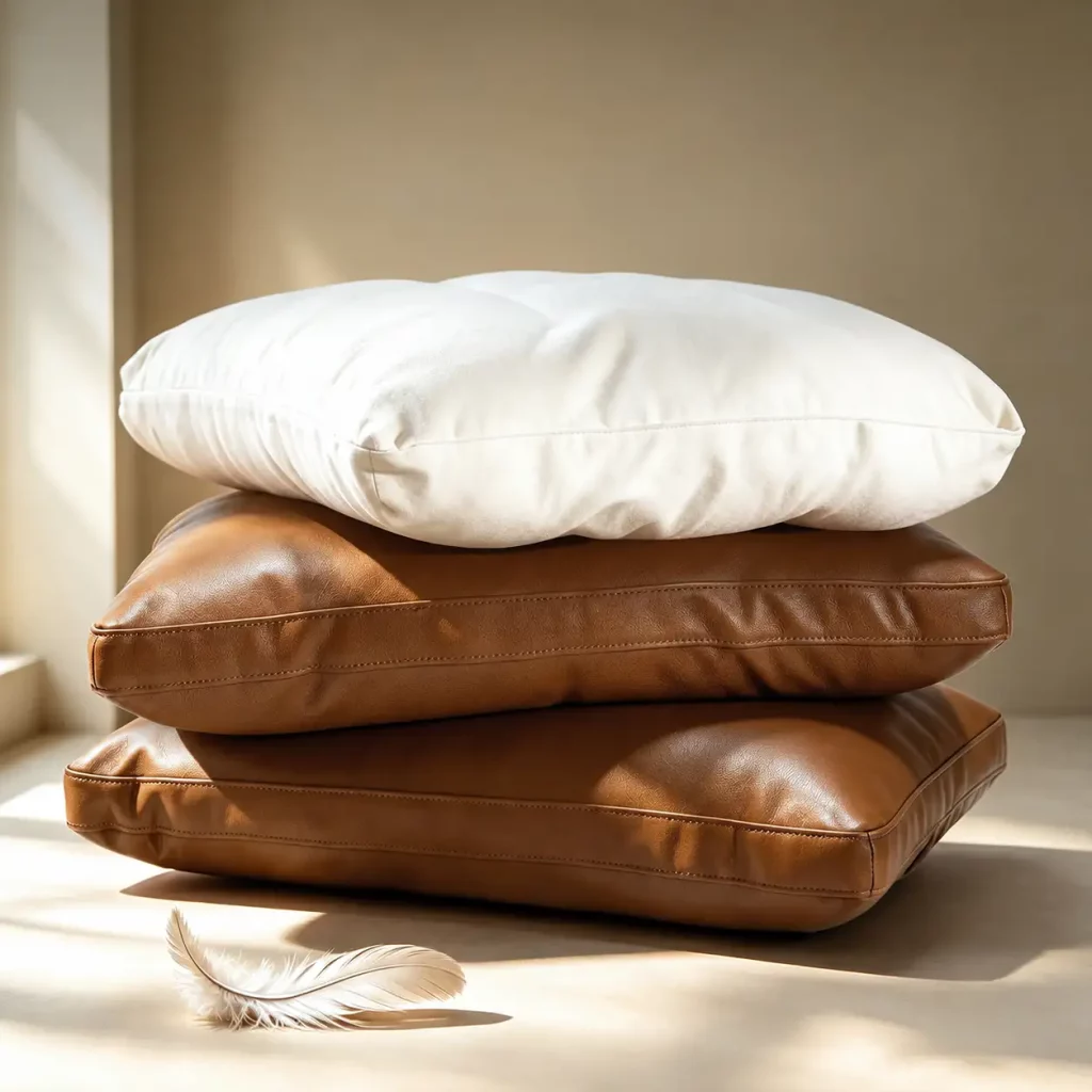 Stacked white and brown sofa cushions illustrating layered support and cushioning.