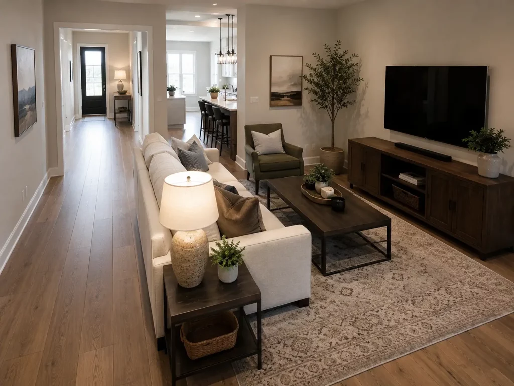 Straight-through living room layout with a clear walkway behind the sofa connecting the entry and kitchen.
