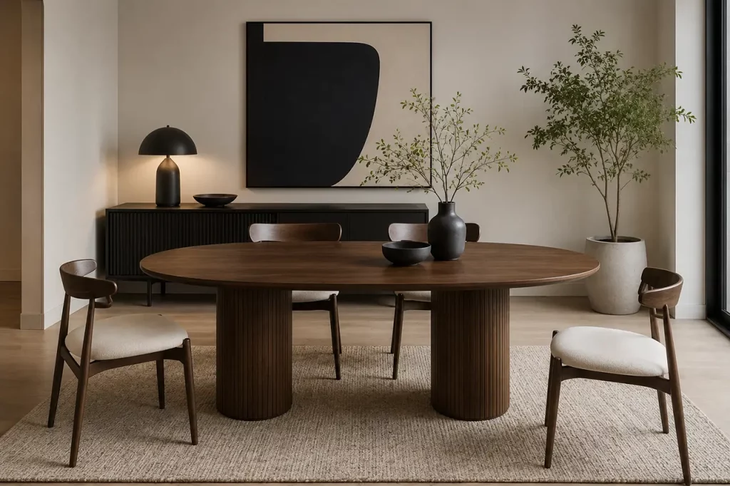 Modern dining room with an oval wood table, curved dining chairs, and a dark linear sideboard.