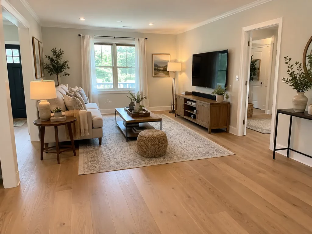 L-shaped living room layout with the seating zone kept away from the turning path between adjacent doorways.
