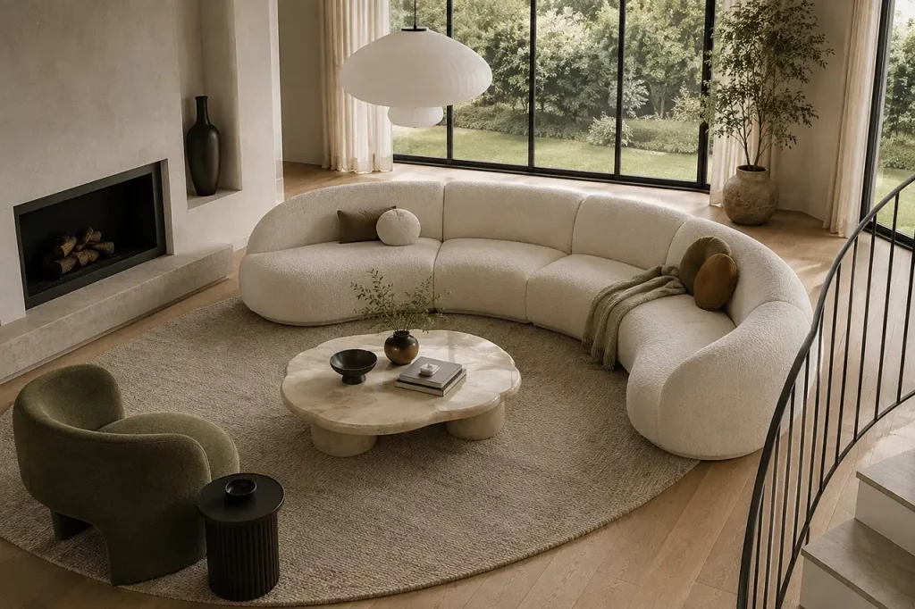 Open living room with a large curved sectional sofa, rounded coffee table, and floor-to-ceiling windows.