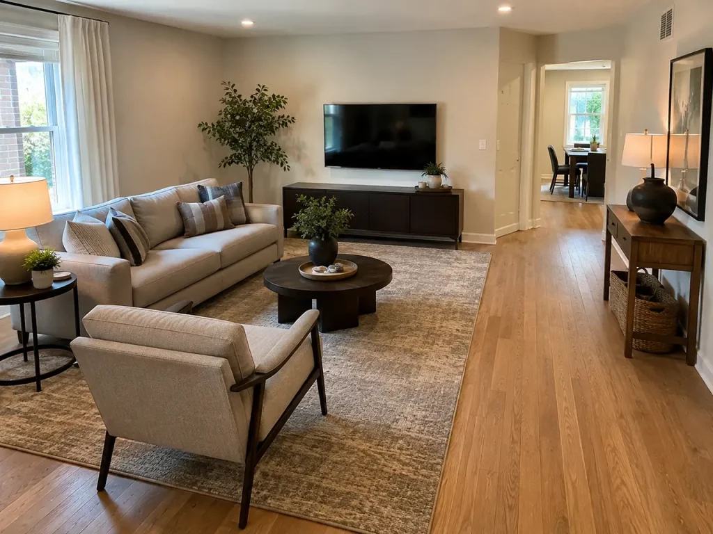 Diagonal pass-through living room layout with the seating area offset from the natural walkway between openings.
