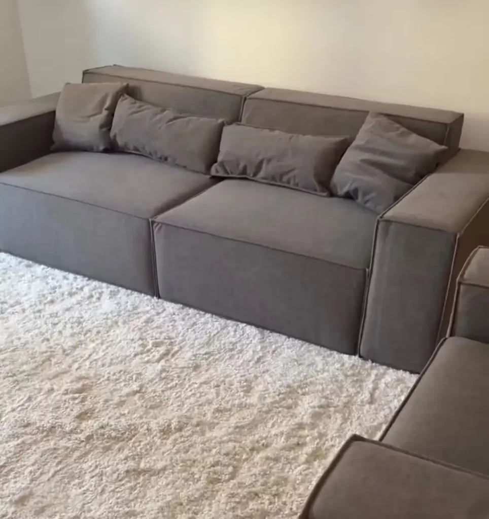 Gray sleeper sofa extended for lounging in a neutral living room