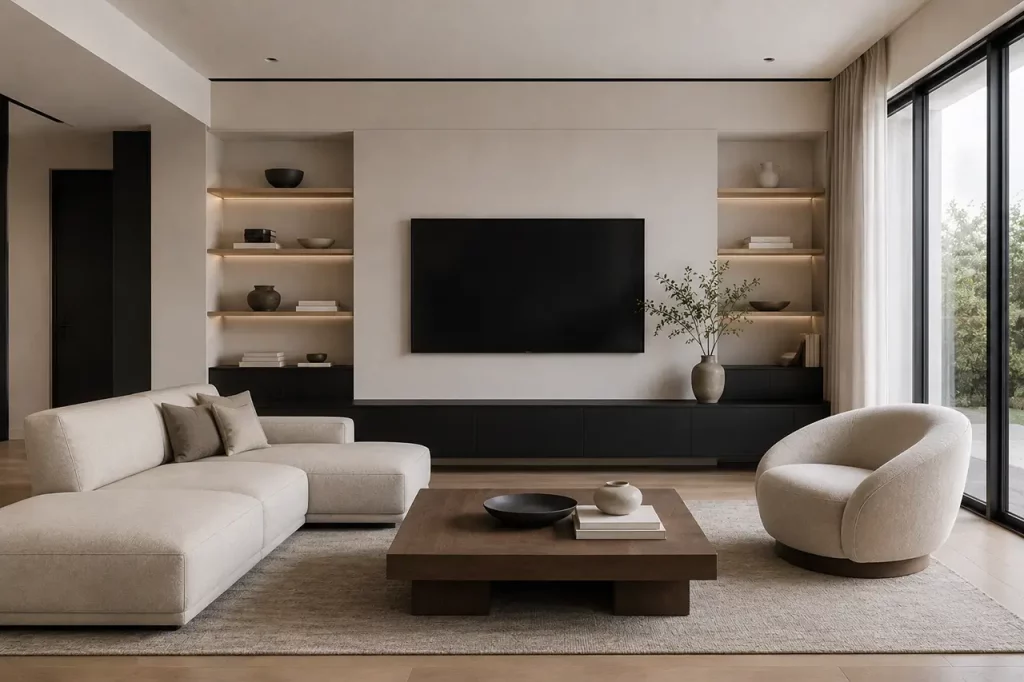 Minimalist living room mixing a straight sectional sofa with a rounded lounge chair and rectangular media wall.
