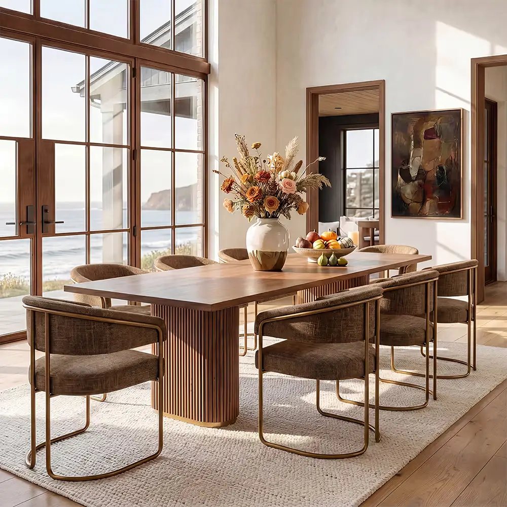 Modern dining room with a wood dining table and six upholstered chairs beside large floor-to-ceiling windows.